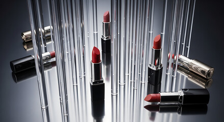 Close-up shot of multiple open and closed red lipsticks on a reflective surface with a dark gradient background.