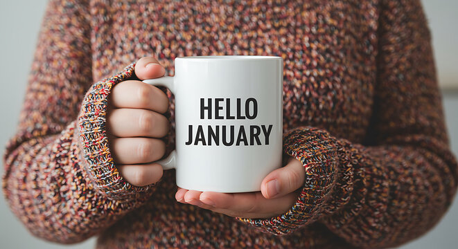 person holding white mug with hello january text - Powered by Adobe
