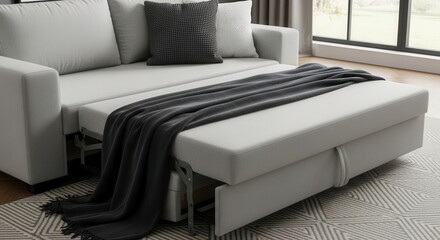 Modern light grey sofa bed partially extended in a living room © PNG Stock