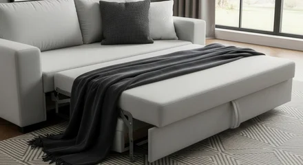 Modern light grey sofa bed partially extended in a living room © PNG Stock