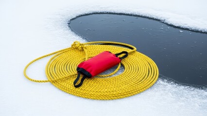 A coiled yellow rescue rope with a red float next to a dark hole in the ice, indicating ice safety or rescue.