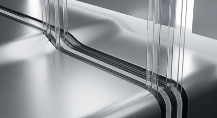 Close-up of a metallic surface with a reflective finish and multiple clear tubes or wires attached, against a gray background with a shallow depth of field.