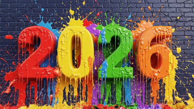 Colorful paint splash on numbers 2026 against dark brick wall background new year coming