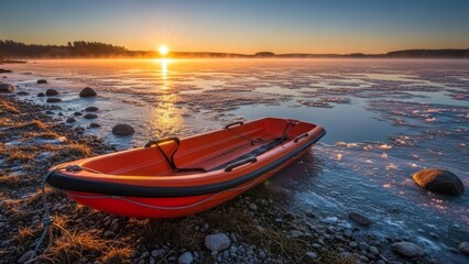 An orange inflatable boat rests on the icy shore of a frozen lake at sunrise, with mist rising from the water.