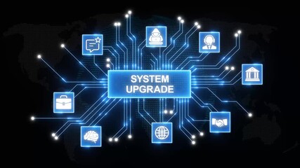 Futuristic digital network connecting global business finance technology and security icons with system upgrade concept in glowing blue circuit board design on dark background - Powered by Adobe
