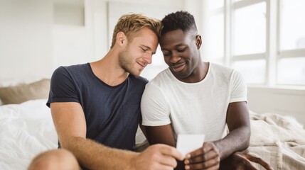 Close up of two men in their early thirties sitting closely together on a bed, sharing a moment of connection and joy in a bright, cozy room with natural light
