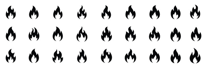 Set of black flame icons on white background for design