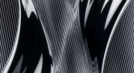 Close-up abstract image of a black and white striped pattern with curved lines and shapes in a modern composition.