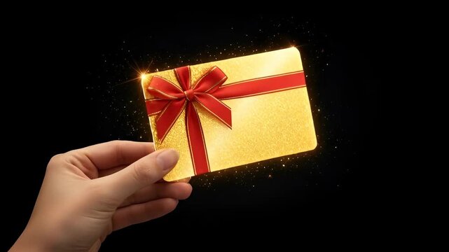 Woman hand holding sparkly golden shimmering gift card with red ribbon moving it back and forth