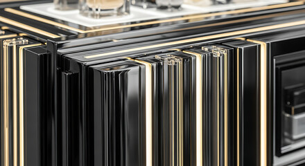 Close-up of a luxurious black and gold striped object with a reflective surface on a white background.