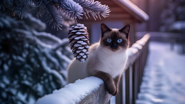 Beautiful Siamese cat with bright blue eyes sitting on a snowy wooden railing next to a frost-covered pine cone - Powered by Adobe