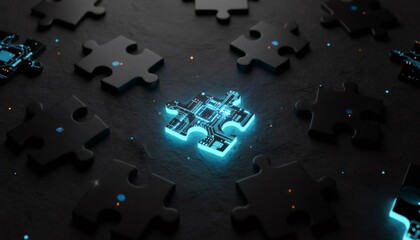 Central Glowing Circuit Puzzle Piece Among Dark Digital Components