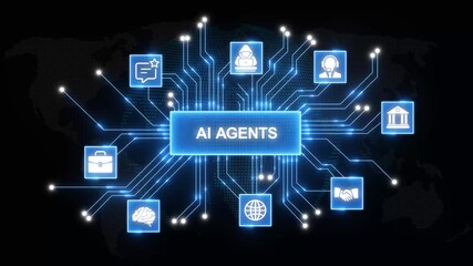 A I agents network digital intelligence connections artificial intelligence technology concept glowing blue circuits on black background - Powered by Adobe