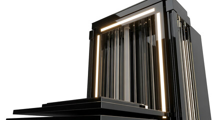 Close-up of a sleek, modern, black, illuminated speaker with a minimalist design and warm glow against a plain white background.