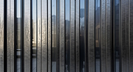 Close-up of a modern building's facade with vertical metallic slats reflecting cityscape in a sleek, urban environment.