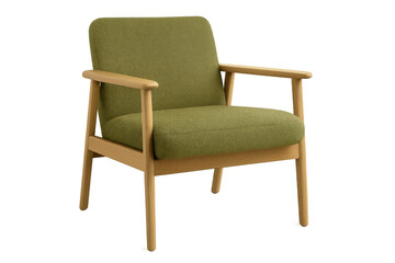 Green fabric armchair with natural wood frame, modern scandinavian style, soft seating furniture