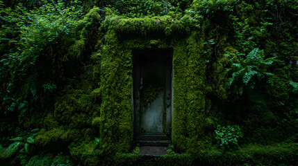 Overgrown doorway in enchanted forest