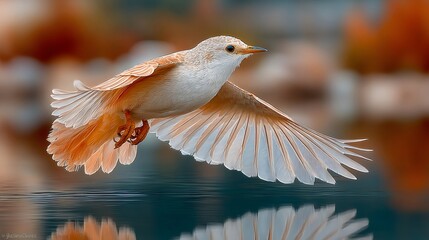 Rufous hornero bird flying low over water