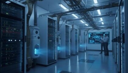 Technicians Monitoring Data Center Server Racks with Blue Light Transfer