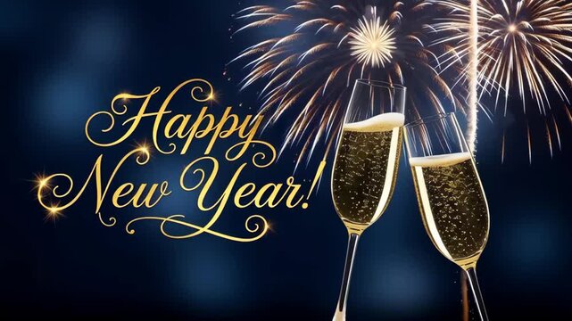 Happy New Year message with champagne glasses clinking and golden fireworks display. Celebration concept for new beginning.