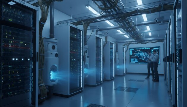 Technicians Monitoring Data Center Server Racks with Blue Light Transfer - Powered by Adobe