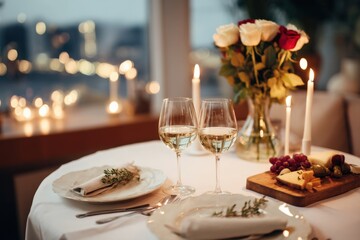 Elegant Valentine's dinner table set for two with romantic ambiance, featuring candles, wine glasses, and fresh flowers, creating a perfect atmosphere with copy space
