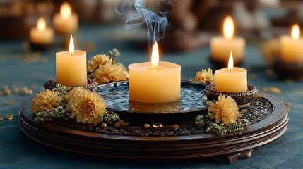 Lit candles with flowers creating peaceful atmosphere