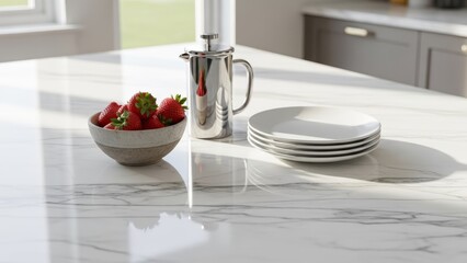 Vibrant fresh strawberries and a sleek coffee press beautifully arranged on a pristine, reflective marble kitchen countertop, setting a bright and inviting scene for a healthy morning breakfast