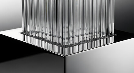 Close-up shot of a modern glass lamp with vertical ridges on a reflective silver base against a gradient background.
