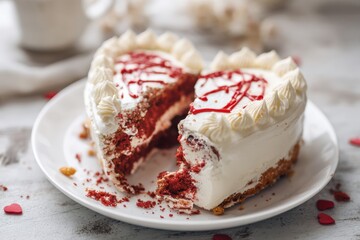 Half destroyed heart-shaped cake with whipped white frosting and red drizzle, placed on a white plate, symbolizes anti-Valentine's Day celebration with a unique twist