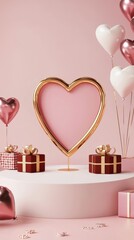 Large freestanding red heart-shaped frame with thin metallic accents, surrounded by gifts and balloons, creating a romantic atmosphere for Valentine's Day with copy space