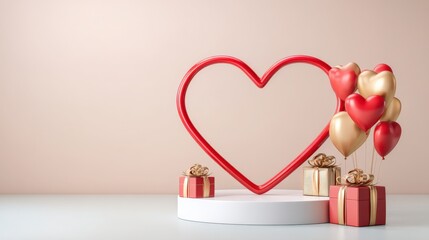 Large freestanding red heart-shaped frame with metallic accents and colorful balloons beside gift boxes, creating a romantic atmosphere for Valentine's Day with copy space