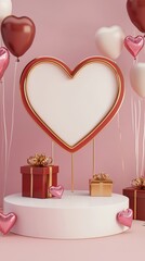 Large freestanding red heart-shaped frame with metallic accents and colorful balloons, surrounded by gift boxes, perfect for Valentine's Day with copy space for messages