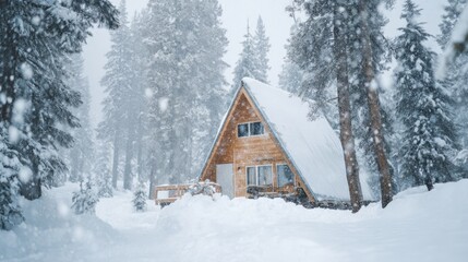 Cozy wooden cabin with steep roof almost buried in deep fresh snow, surrounded by tall evergreen trees, creating a serene winter wonderland atmosphere for relaxation and escape