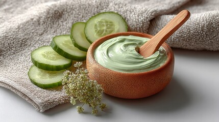 Green facial mask from natural cucumber ingredients for relaxation