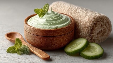 Green facial mask with mint and cucumber slices