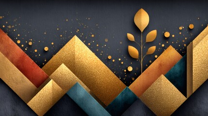 Abstract geometric mountain landscape with golden glitter plant