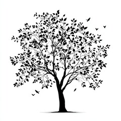 Obraz premium Black silhouette of a deciduous tree with many leaves and flying birds on a white background image