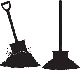 Silhouettes of two shovels one digging into a pile of dirt and another standing upright in soil earth also transparent background © PixelSaga MH2 