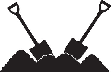 Two black shovels are stuck upright in a mound of dark soil against a white background representing digging and gardening also transparent background © PixelSaga MH2 