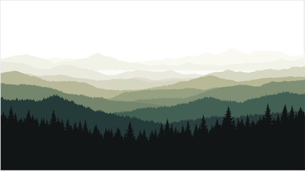 A seamless vector pattern featuring a misty green landscape with layered silhouettes of mountains and forest. © Uttpol Saha