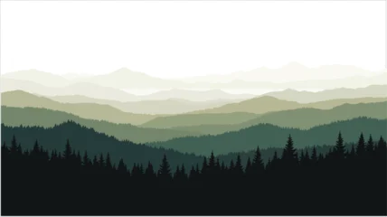 Gordijnen Landschap patronen A seamless vector pattern featuring a misty green landscape with layered silhouettes of mountains and forest.  © Uttpol Saha