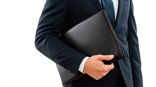 A sharp business professional in a dark suit carries a black leather portfolio, ready for meetings and presentations.