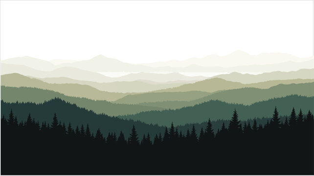 A seamless vector pattern featuring a misty green landscape with layered silhouettes of mountains and forest.