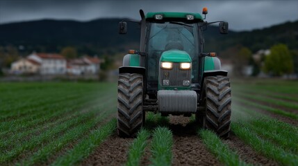 Obraz premium A robust tractor is poised in a vibrant green field under a moody sky, ready for agricultural tasks, This image is ideal for farming, agriculture, or machinery-related projects,