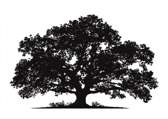 Fototapeta premium Black silhouette of a large oak tree with dense foliage and a grassy base nature