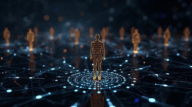 Futuristic digital illustration of a glowing human figure composed of binary code standing at the center of a high-tech network. Surrounding silhouettes represent connected individuals, symbolizing  - Powered by Adobe