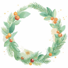 Vector watercolor Christmas wreath with fir branches, green leaves and berries on white background. 