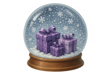 Snow globe with purple gift boxes, falling snowflakes, and white snow on a wooden base, representing holiday giving
