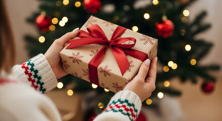 Hands are gently presenting a beautifully wrapped Christmas gift adorned with a red ribbon, set against a backdrop of a decorated tree, creating a warm and inviting holiday atmosphere